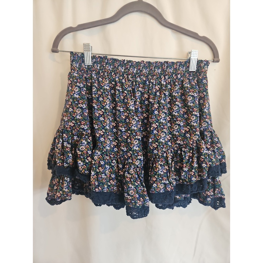 Aeropostale Mini Skirt Women Size S Blue Excellent Floral Crochet Trim Tiered